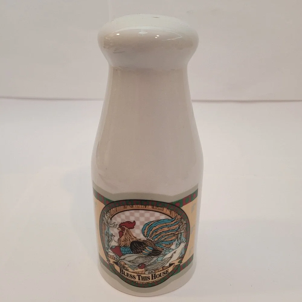 Vintage Ceramic Salt or Pepper Shaker Kitchenware Rooster Bless This House White